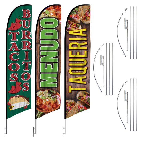 Tacos Menudo Taqueria 3 Multi pack Feather Flag Kits (3 Flags + 3 Pole Kits + 3 Ground Spikes)