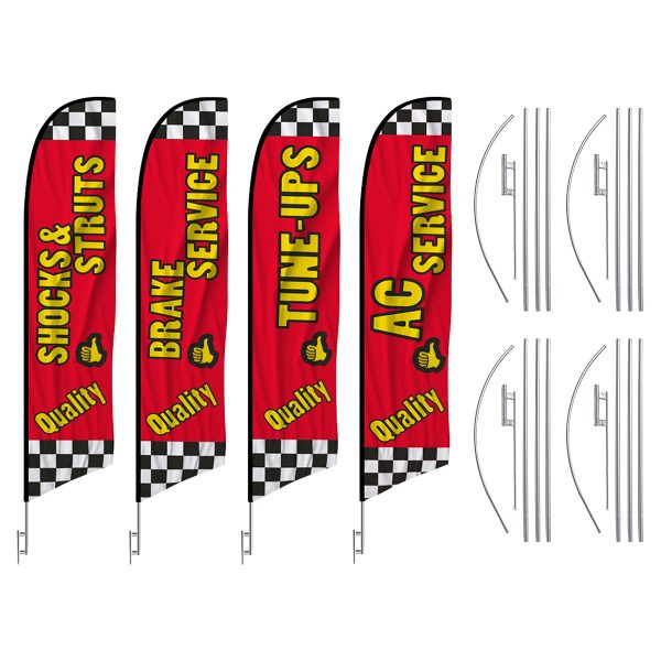 Auto Feather Flag Multi Package - Pack of 4 with Pre-Curved Poles & Ground Spike