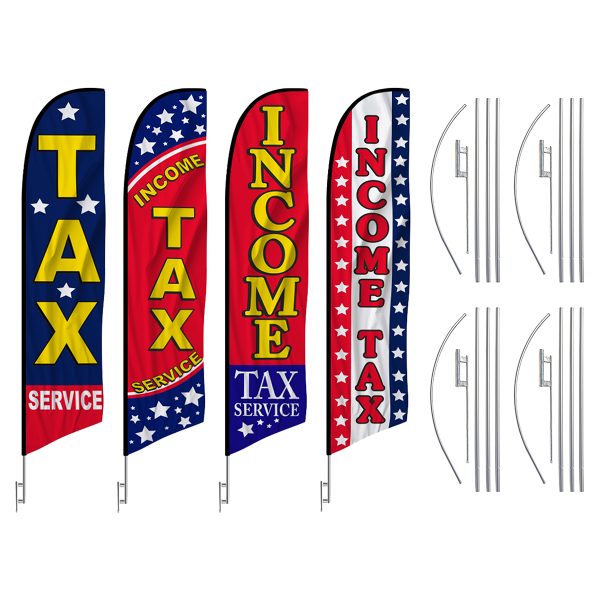 4 tax service feather flags with hardware on a white background