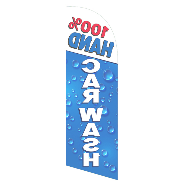 Blue feather flag with bold white text CAR WASH and 100% HAND in red and blue text featuring water droplets ideal for promoting hand car wash services. back side