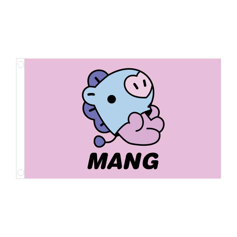 Mang BT21 Flag – 3x5 ft featuring BTS J-Hope’s BT21 character Mang on a pastel pink background, perfect for ARMY and K-pop fans.