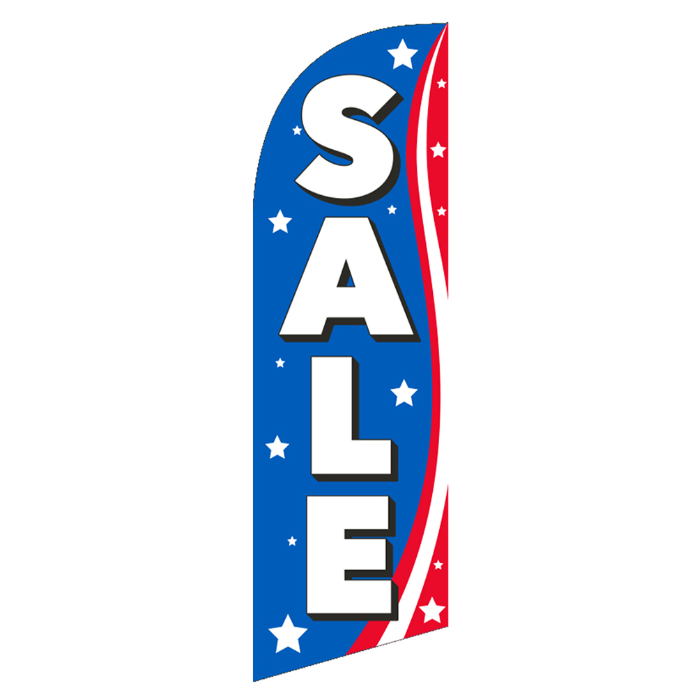Red, white, and blue feather flag with bold 'SALE' text and stars design, ideal for outdoor promotional use to attract attention to sales or events