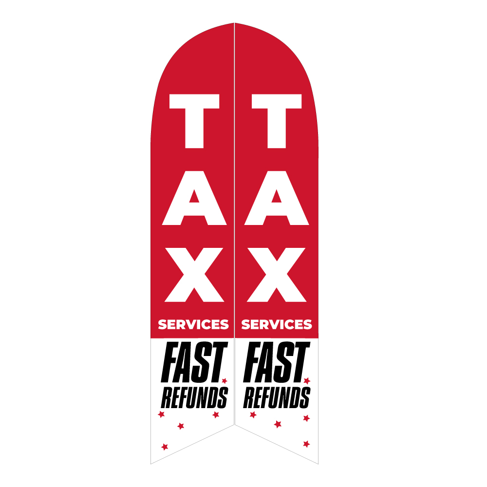 Red feather flag with bold white "TAX" text, "SERVICES" labels, and "FAST REFUNDS" message at the bottom with decorative stars. Perfect for advertising tax services.
